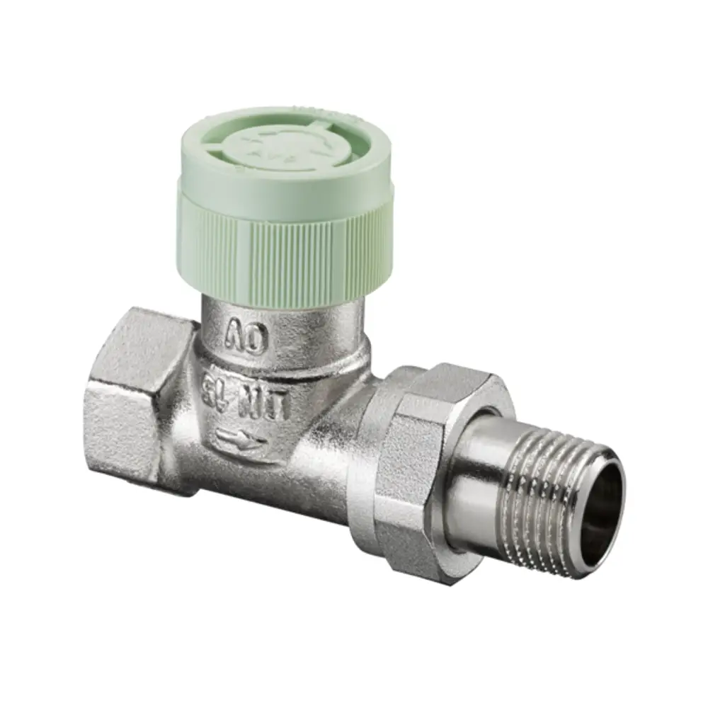 Thermostatventil von Oventrop in metallischer Ausführung mit einem grünen Drehriegel und verschiedenen Anschlussmöglichkeiten für Heizungsanwendungen.